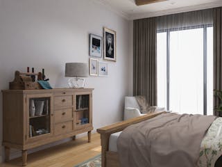 Wooden Cabinet and Painting on Wall in Bedroom