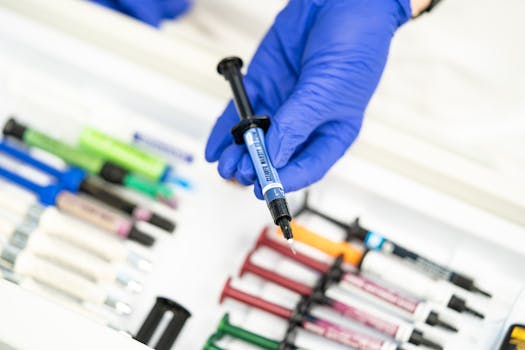 Detailed image of a gloved hand holding a syringe with a blurred background of medical tools.