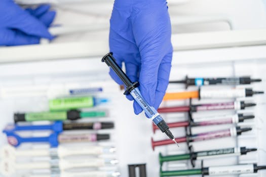 A healthcare worker holds a syringe above medical supplies. Ideal for medical themes.