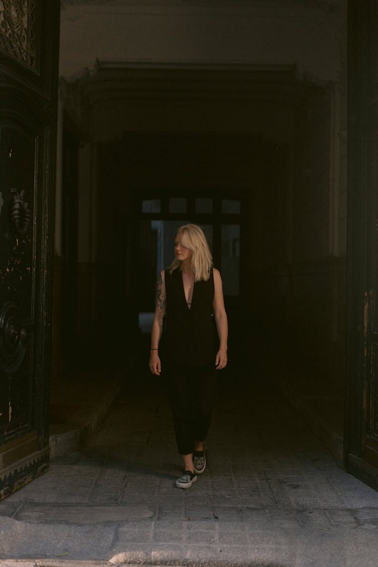 Woman In Black Dress Walking 