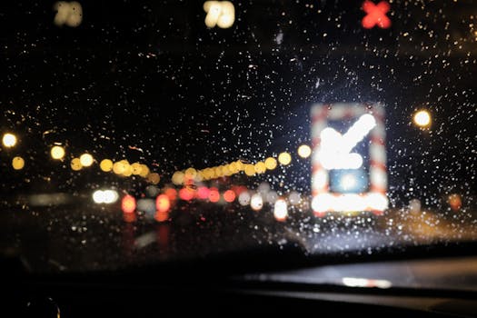 透过被雨水淋湿的挡风玻璃，可以看到夜间模糊的交通景象，灯光闪烁，反射斑驳