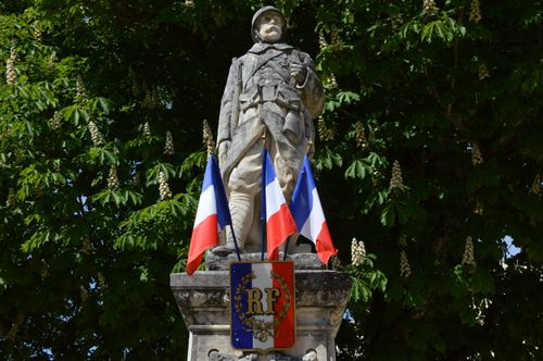 Free Statue of a soldier with French flags outdoors in a historical setting, surrounded by trees. Stock Photo