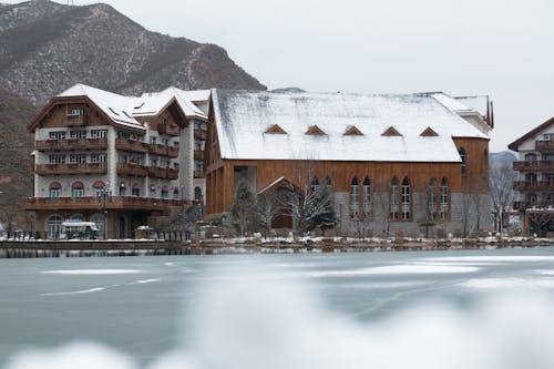 Frozen River in Town in Winter