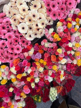 Colorful variety of roses and gerbera bouquets arranged for sale. Perfect for gifts and celebrations.