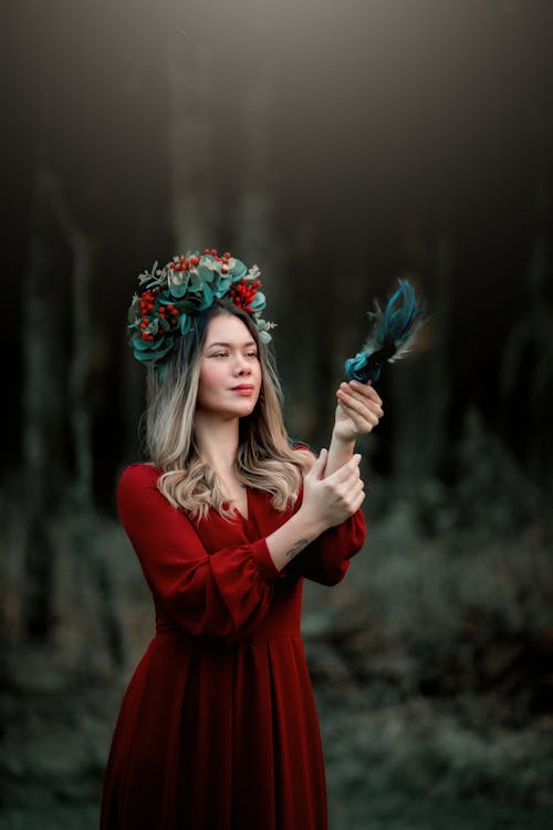 Woman in Red Dress and with Wreath