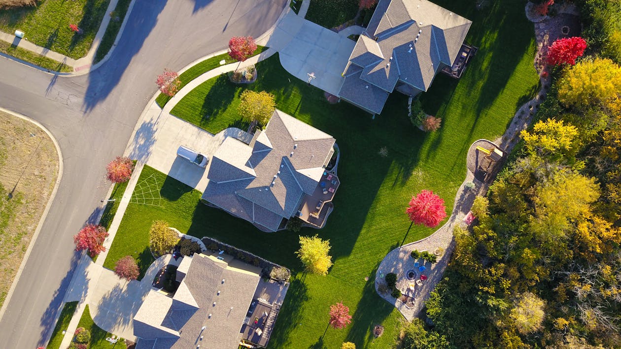 aerial view of a residential neighborhood that could be used for sending a newsletter to your geo farm