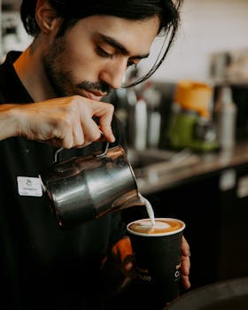 A focused barista pouring milk to create latte art in a cozy Baku café setting.