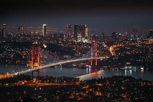 Stunning night view of Istanbul's Bosphorus Bridge illuminated against the city skyline.