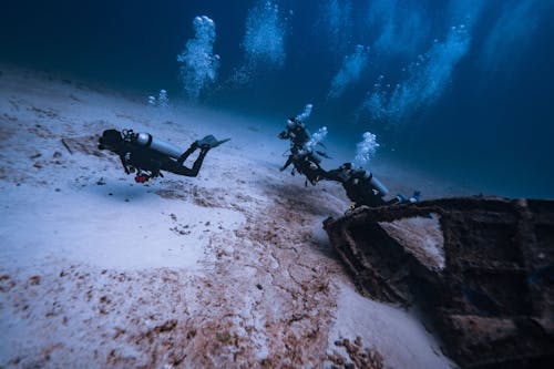 Scuba Divers Under Water Near a Shipwreck