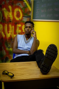 Stylish young man sits with foot on desk in a vibrant classroom setting.