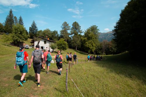 Free A group of hikers exploring a lush green valley during a sunny day trek. Stock Photo