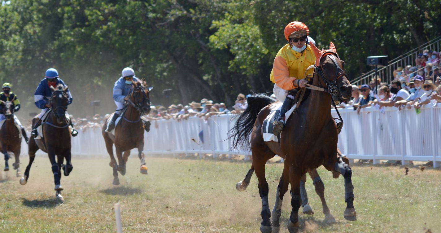 Jockeys en pleine action sur la piste devant une foule de spectateurs enthousiastes lors d'une course hippique