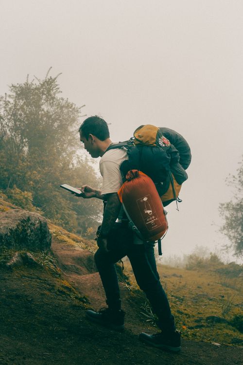 Free A man hiking uphill in a misty forest, using a smartphone for navigation. Stock Photo