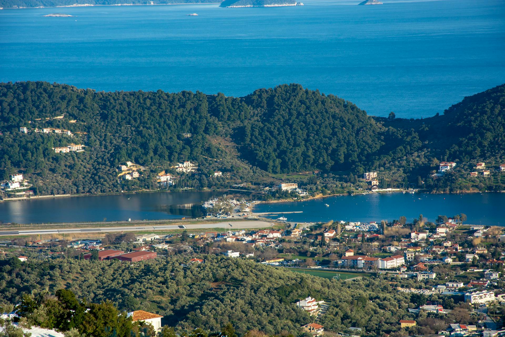 Aerial View of Skiathos Island Coastline in Greece