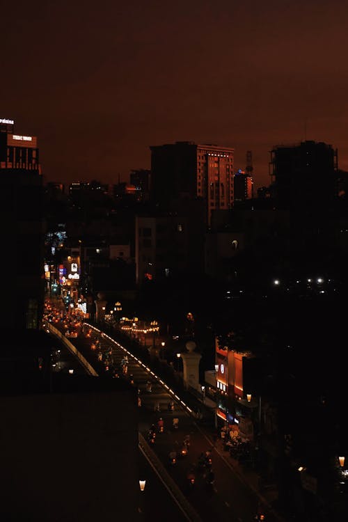Aerial View of a City Street at Night 