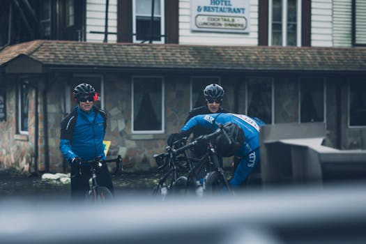 Cyclists in gear preparing for a ride outside a Long Pond restaurant.
