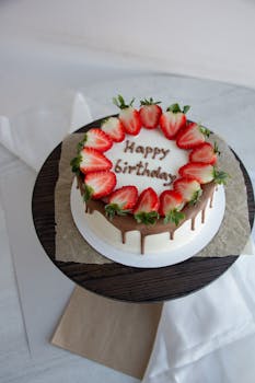 Strawberry adorned birthday cake with chocolate frosting and 'Happy Birthday' message.
