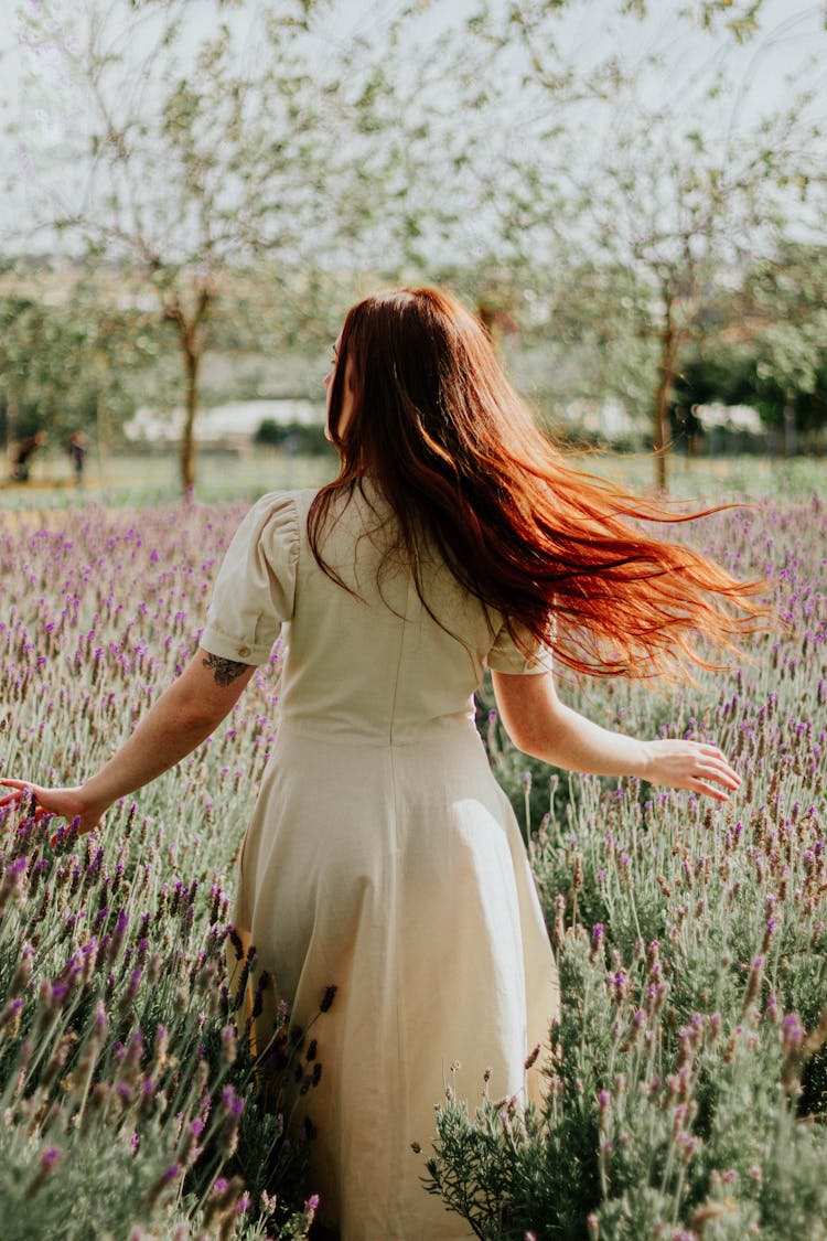 Woman In Dress Walking In Lavender Field