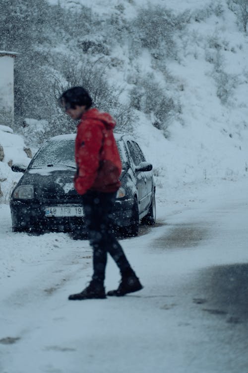 A Man Walking Outdoors in Snow 