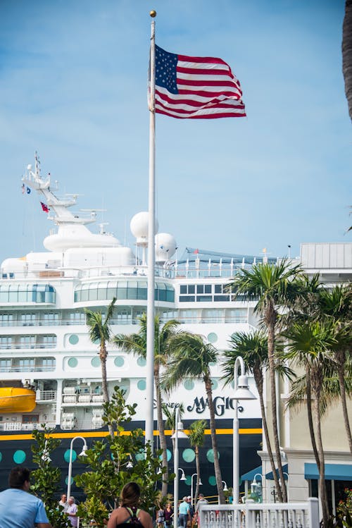 Kostenloses Stock Foto zu flagge, kreuzfahrtschiff, palmen