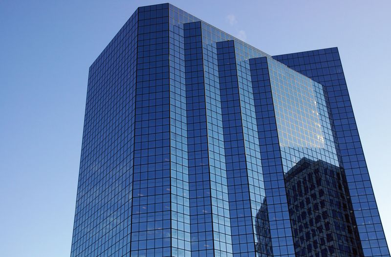 Angular glass facade of a modern Bellevue, Washington office building