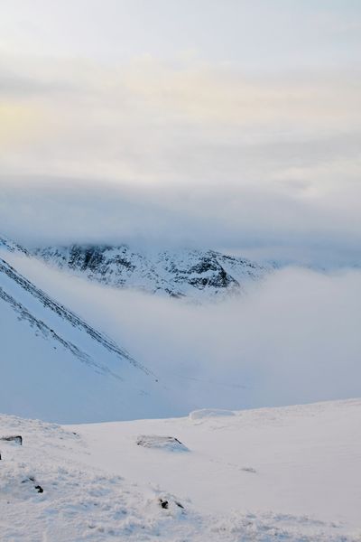 Snowbound mountain ridge in fog, photo by Darya Grey_Owl on Pexels