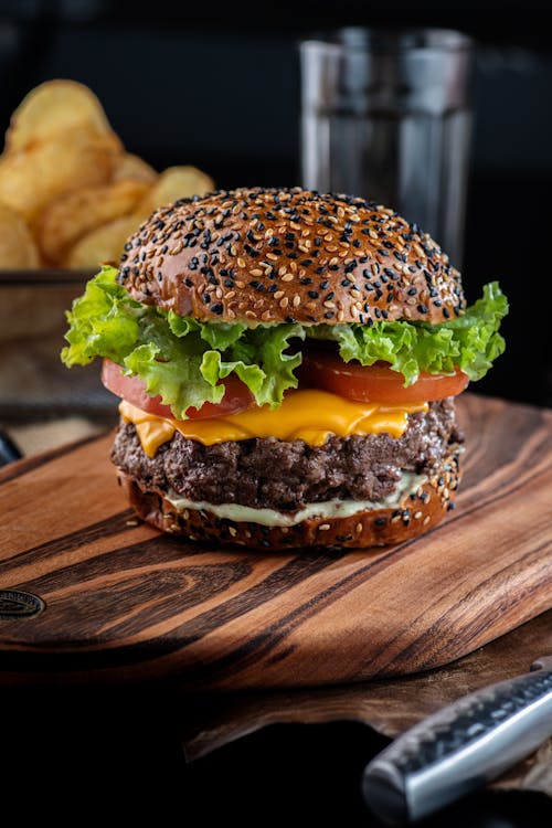 Close-up of Tasty Hamburger on Board