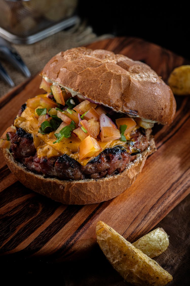 Delicious Hamburger On Wooden Board