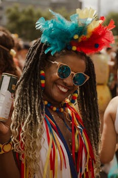 Smiling woman in vibrant outfit celebrating outdoors at a lively festival.