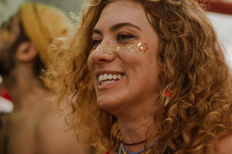 Smiling Woman With Glitter Makeup On Street Festival