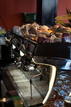 Close-up of an espresso machine with various cups in a cozy coffee shop setting.