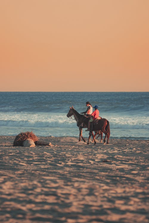 Kids Horseback Riding on Beach in the Evening