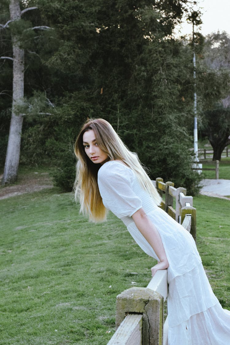 Woman In Dress Posing Near Fence In Nature