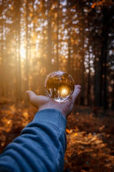 迷人的水晶球中，一只手握着它，映照着秋天的森林和温暖的阳光