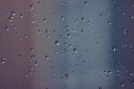 A detailed view of raindrops on a glass window, creating a serene rainy day atmosphere.