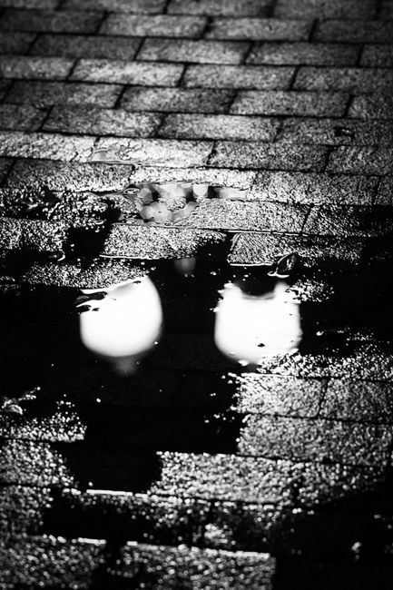 Black and white photo of street lights reflected in a puddle on a brick sidewalk.
