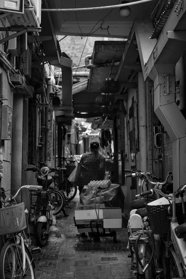 Person With Cart On Narrow Town Street