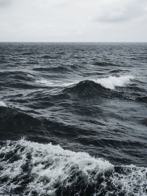 Close-up of Waves on a Sea under a Cloudy Sky 