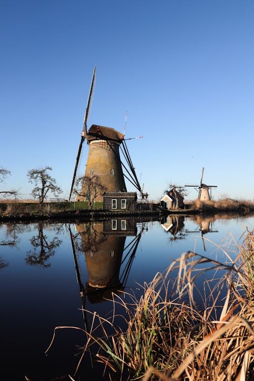 Historical Windmills in Kinderdijk Village 