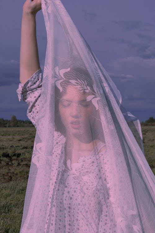 Beautiful Woman with Veil on Meadow
