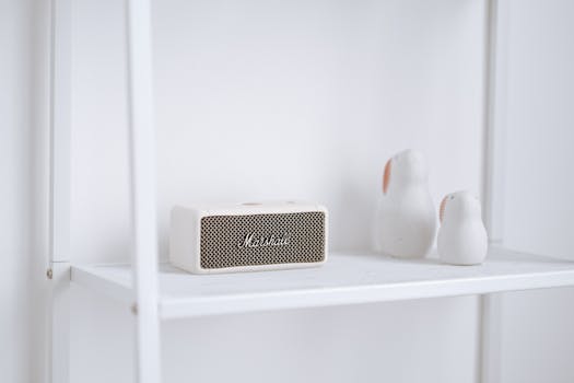 A stylish setup featuring a Marshall wireless speaker and minimalist decor on a white shelf.