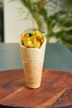 Tasty and nutritious vegetable wrap cone served on a stylish wooden board.