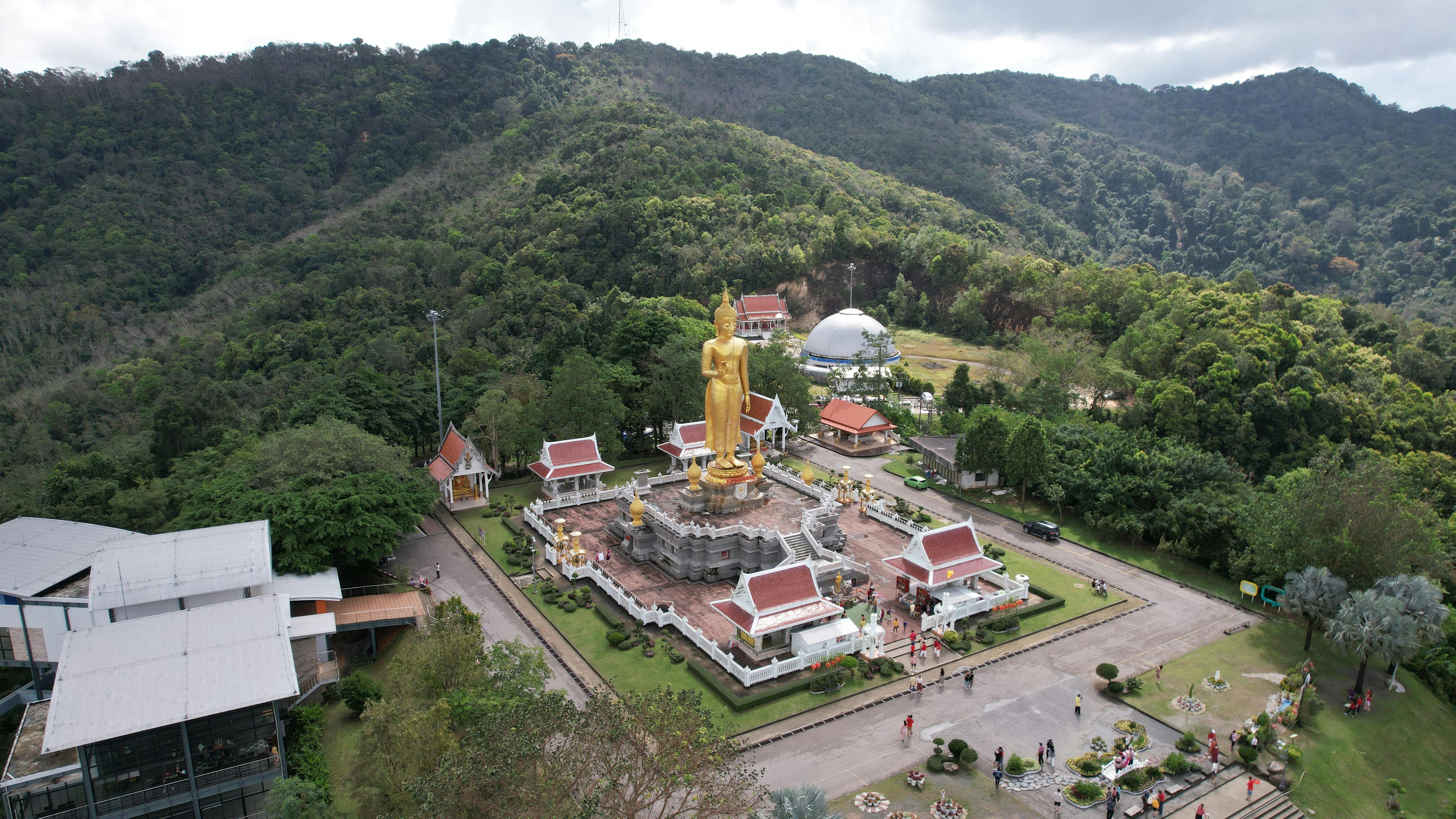 Aerial view of a golden Buddha statue in a lush mountainous Thai landscape, offering a serene ambiance.