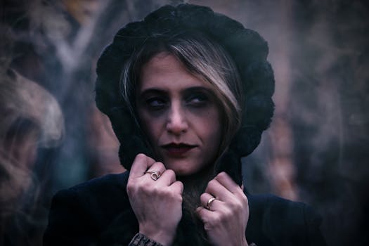 户外，一个穿着黑色兜帽的女人，表情喜怒无常的特写肖像