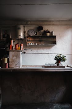 Cozy kitchen scene with rustic decor, a wall clock, and potted plants on a wooden worktop.