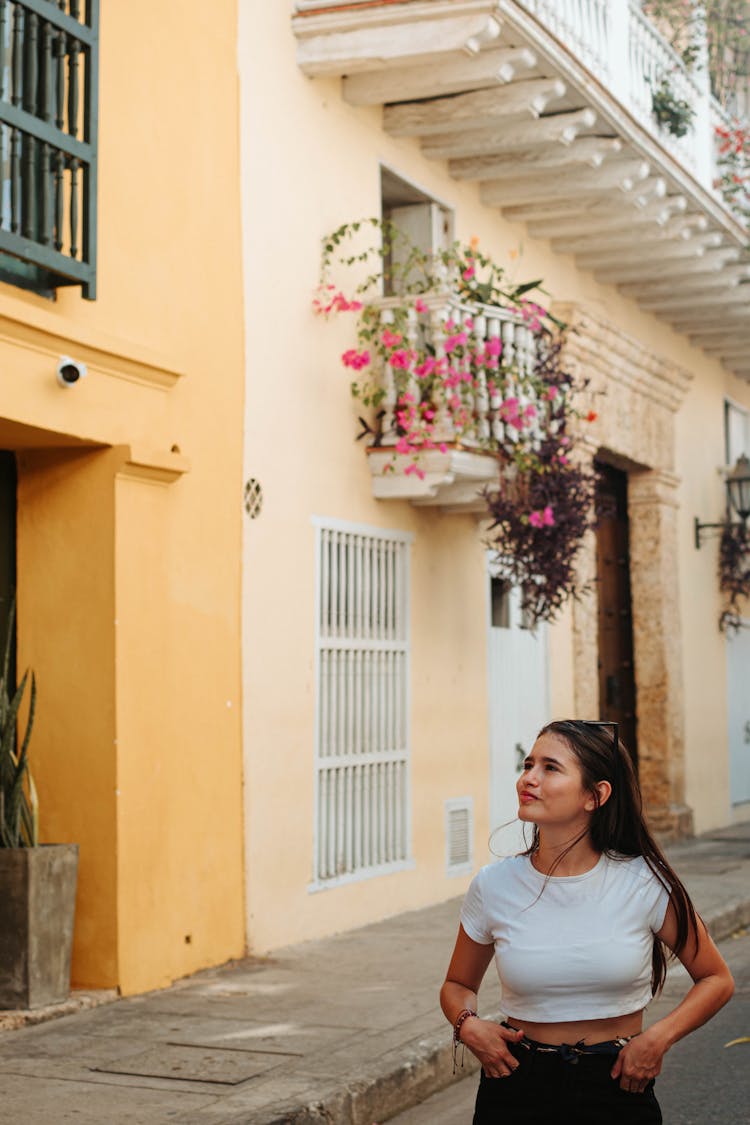 Smiling Woman Walking On Street