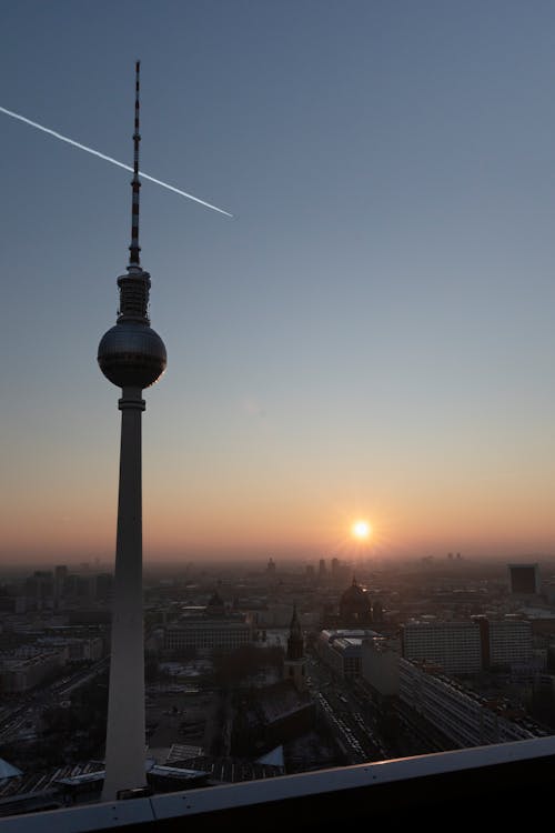 Berliner Fernsehturm Tower and a High Angle View of Berlin at Dusk