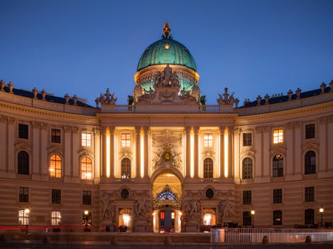 Stunning view of Hofburg Palace lit up during dusk in Vienna, Austria.