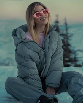 Fashionable woman in pink sunglasses and gray jacket sitting in snow, smiling warmly.