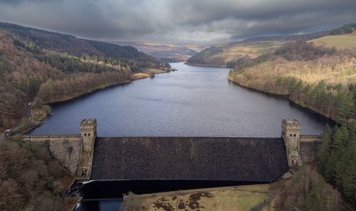 Free Breathtaking aerial view showcasing a scenic reservoir surrounded by lush forests and hills. Stock Photo